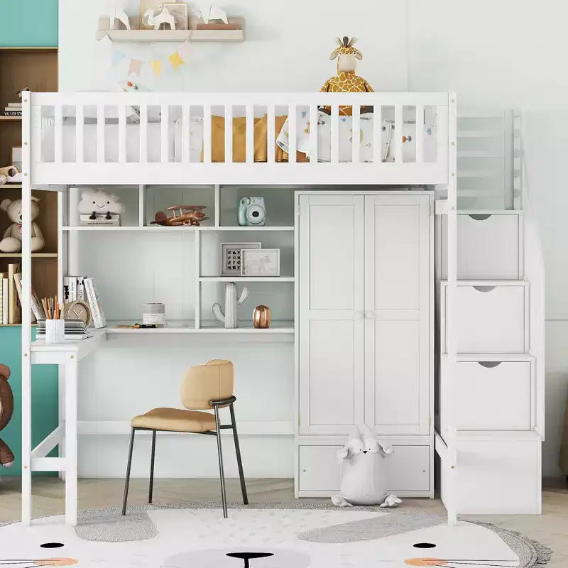 Letto a soppalco full size con armadio e scrivania integrata, telaio per letto a soppalco alto in legno massello con scaletta e libreria portaoggetti per bambini
