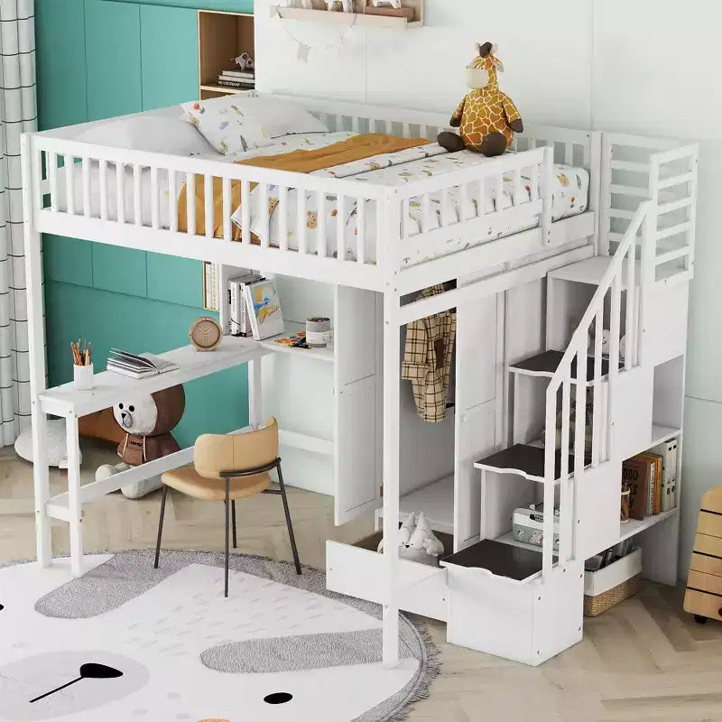 Letto a soppalco full size con armadio e scrivania integrata, telaio per letto a soppalco alto in legno massello con scaletta e libreria portaoggetti per bambini