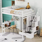 Letto a soppalco full size con armadio e scrivania integrata, telaio per letto a soppalco alto in legno massello con scaletta e libreria portaoggetti per bambini