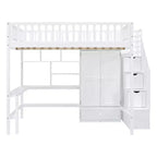 Letto a soppalco full size con armadio e scrivania integrata, telaio per letto a soppalco alto in legno massello con scaletta e libreria portaoggetti per bambini