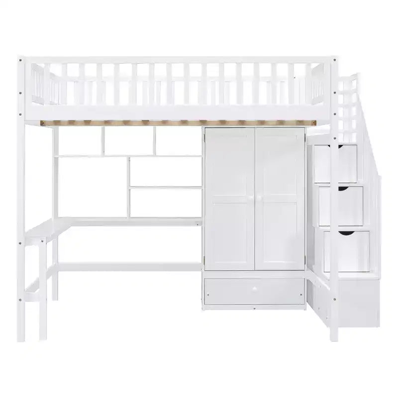 Letto a soppalco full size con armadio e scrivania integrata, telaio per letto a soppalco alto in legno massello con scaletta e libreria portaoggetti per bambini