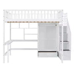 Letto a soppalco full size con armadio e scrivania integrata, telaio per letto a soppalco alto in legno massello con scaletta e libreria portaoggetti per bambini
