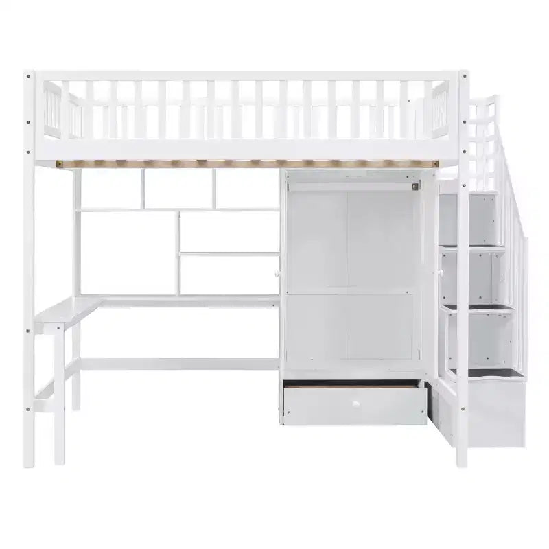 Letto a soppalco full size con armadio e scrivania integrata, telaio per letto a soppalco alto in legno massello con scaletta e libreria portaoggetti per bambini