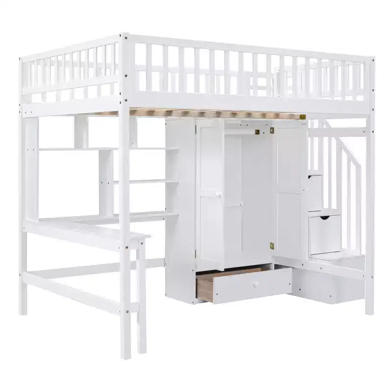 Letto a soppalco full size con armadio e scrivania integrata, telaio per letto a soppalco alto in legno massello con scaletta e libreria portaoggetti per bambini