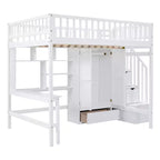 Letto a soppalco full size con armadio e scrivania integrata, telaio per letto a soppalco alto in legno massello con scaletta e libreria portaoggetti per bambini