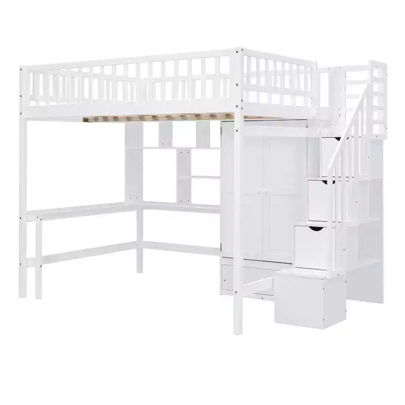 Letto a soppalco full size con armadio e scrivania integrata, telaio per letto a soppalco alto in legno massello con scaletta e libreria portaoggetti per bambini