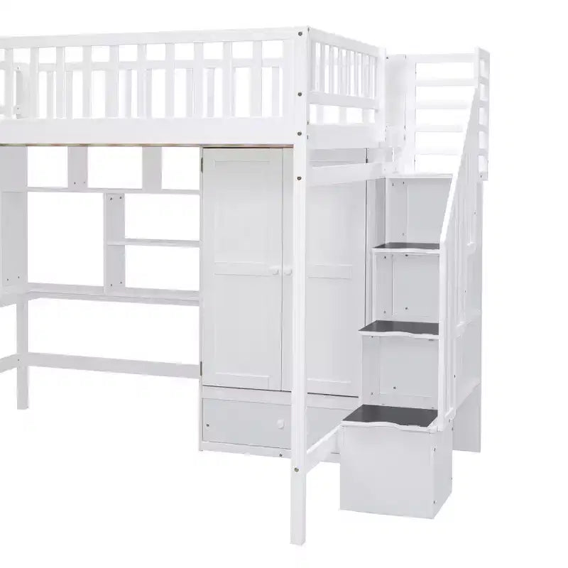 Letto a soppalco full size con armadio e scrivania integrata, telaio per letto a soppalco alto in legno massello con scaletta e libreria portaoggetti per bambini