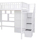 Letto a soppalco full size con armadio e scrivania integrata, telaio per letto a soppalco alto in legno massello con scaletta e libreria portaoggetti per bambini