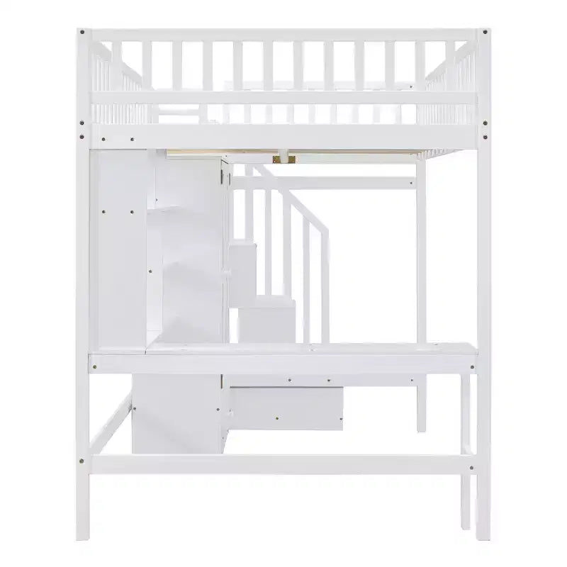Letto a soppalco full size con armadio e scrivania integrata, telaio per letto a soppalco alto in legno massello con scaletta e libreria portaoggetti per bambini