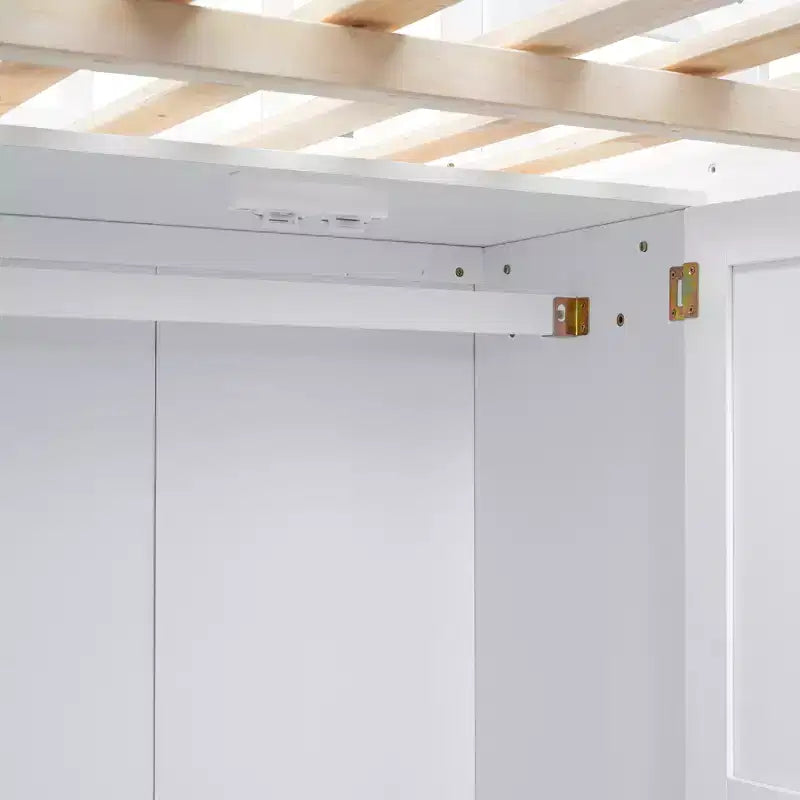 Letto a soppalco full size con armadio e scrivania integrata, telaio per letto a soppalco alto in legno massello con scaletta e libreria portaoggetti per bambini
