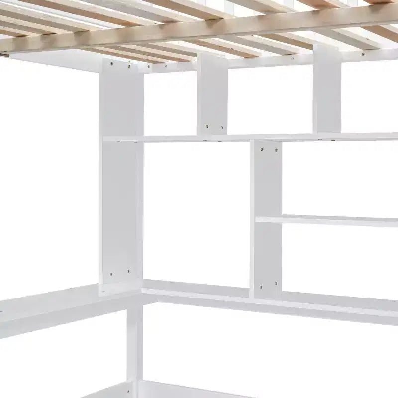Letto a soppalco full size con armadio e scrivania integrata, telaio per letto a soppalco alto in legno massello con scaletta e libreria portaoggetti per bambini