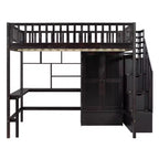 Letto a soppalco full size con armadio e scrivania integrata, telaio per letto a soppalco alto in legno massello con scaletta e libreria portaoggetti per bambini