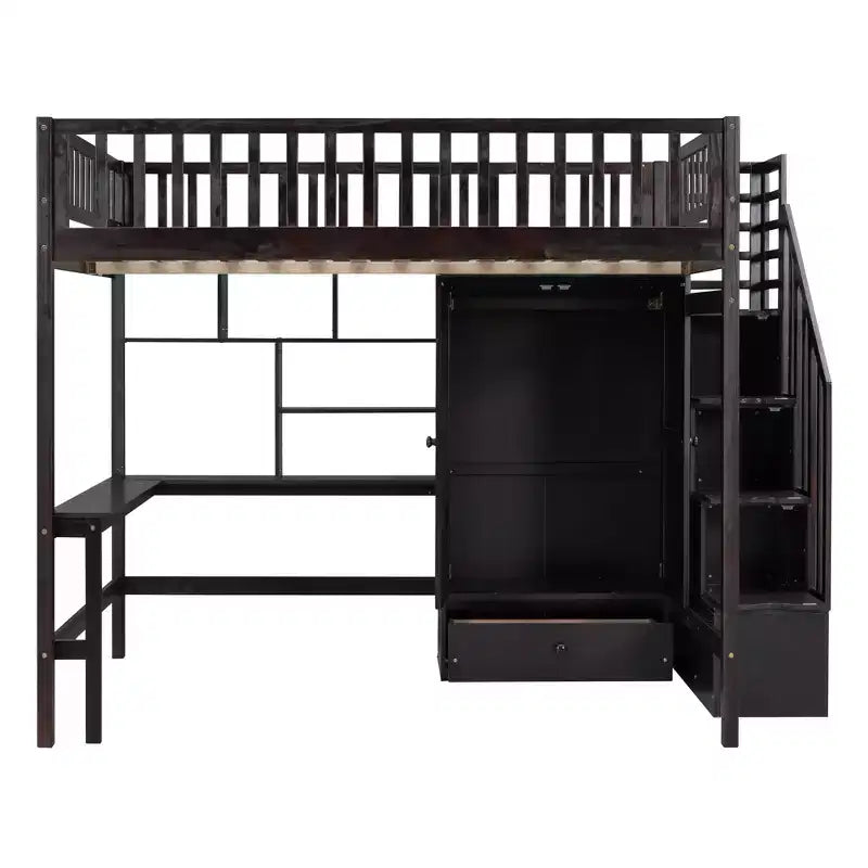 Letto a soppalco full size con armadio e scrivania integrata, telaio per letto a soppalco alto in legno massello con scaletta e libreria portaoggetti per bambini