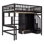 Letto a soppalco full size con armadio e scrivania integrata, telaio per letto a soppalco alto in legno massello con scaletta e libreria portaoggetti per bambini