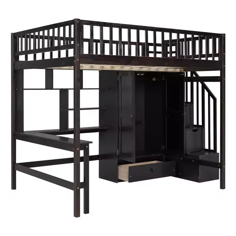 Letto a soppalco full size con armadio e scrivania integrata, telaio per letto a soppalco alto in legno massello con scaletta e libreria portaoggetti per bambini
