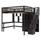 Letto a soppalco full size con armadio e scrivania integrata, telaio per letto a soppalco alto in legno massello con scaletta e libreria portaoggetti per bambini