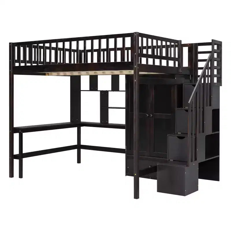 Letto a soppalco full size con armadio e scrivania integrata, telaio per letto a soppalco alto in legno massello con scaletta e libreria portaoggetti per bambini