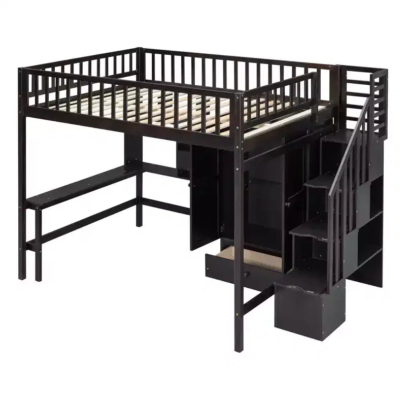 Letto a soppalco full size con armadio e scrivania integrata, telaio per letto a soppalco alto in legno massello con scaletta e libreria portaoggetti per bambini