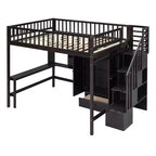 Letto a soppalco full size con armadio e scrivania integrata, telaio per letto a soppalco alto in legno massello con scaletta e libreria portaoggetti per bambini