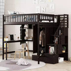 Full Size Loft Bed with Wardrobe and Built-in Desk, Solid Wood High Staircase Loft Bed Frame with Storage Bookshelf for Kids
