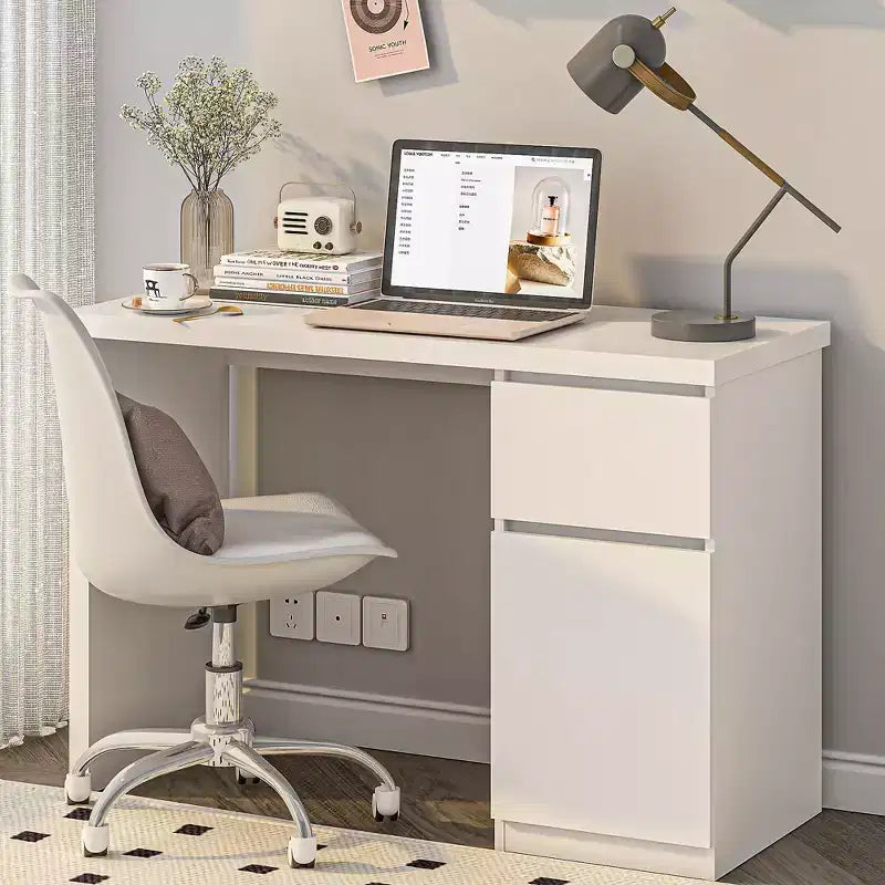 Sandinrayli Scrivania per computer con cassetti, scrivania in legno da 43 pollici, postazione di lavoro per PC per ufficio domestico con contenitore, bianca