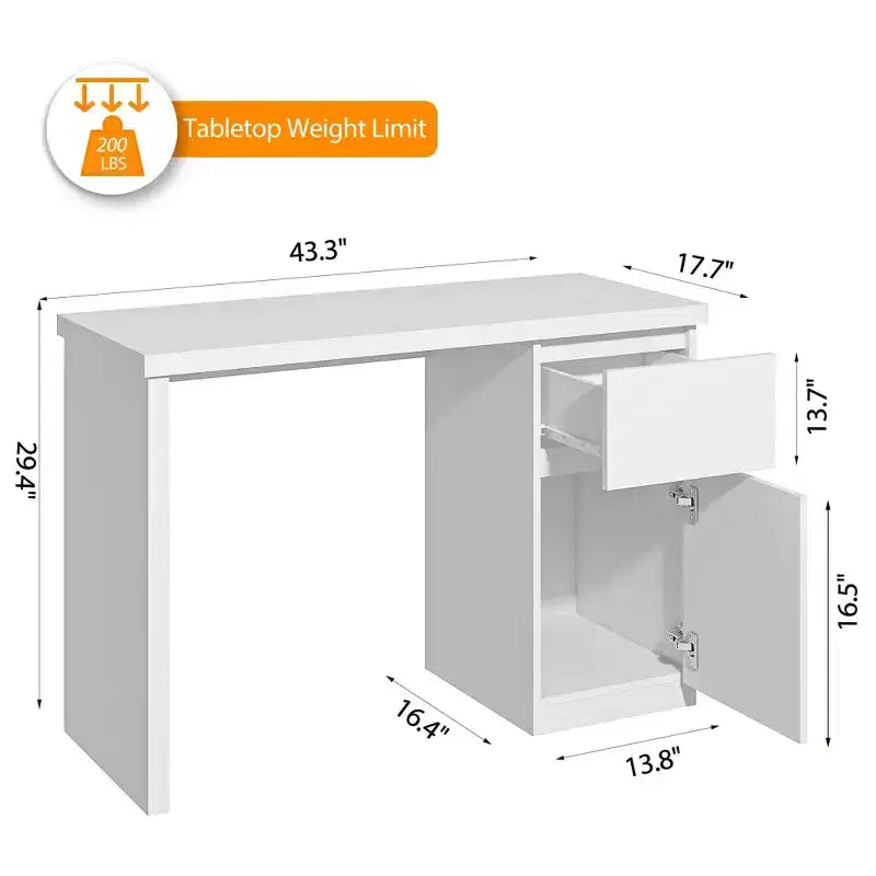 Sandinrayli Scrivania per computer con cassetti, scrivania in legno da 43 pollici, postazione di lavoro per PC per ufficio domestico con contenitore, bianca