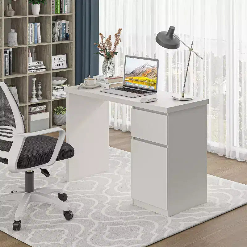 Sandinrayli Scrivania per computer con cassetti, scrivania in legno da 43 pollici, postazione di lavoro per PC per ufficio domestico con contenitore, bianca