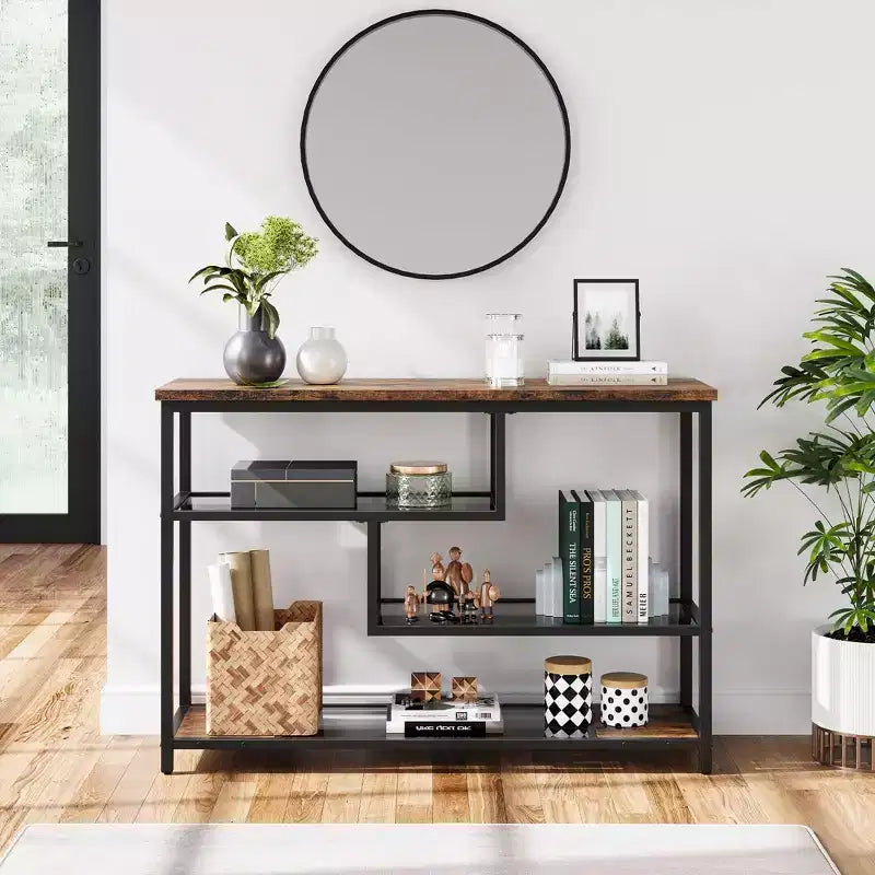 GustoWave Consolle, Tavolino da divano a 4 ripiani stretto, con ripiano in vetro temperato, Tavolino da ingresso industriale, 100 cm L, Marrone