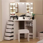 COZONY Toeletta ad angolo con specchio e luci, set da trucco con 3 opzioni di illuminazione, 5 cassetti, ripiani e sgabello imbottito, bianco