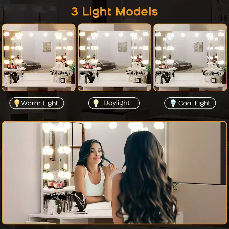 COZONY Toeletta ad angolo con specchio e luci, set da trucco con 3 opzioni di illuminazione, 5 cassetti, ripiani e sgabello imbottito, bianco