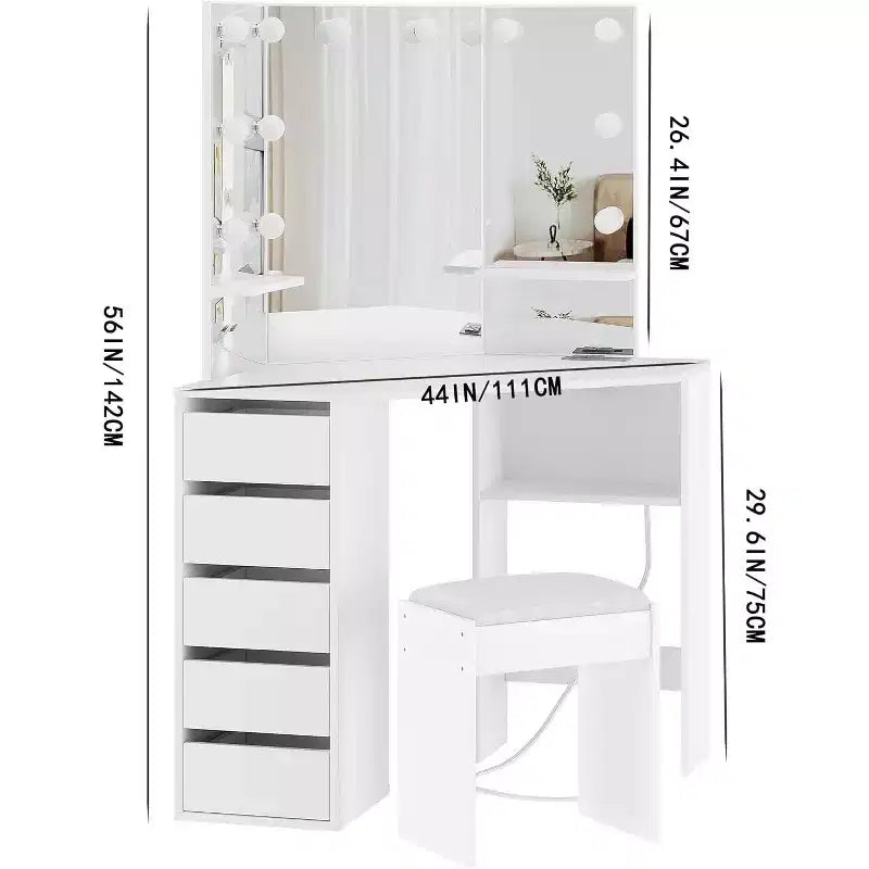 COZONY Toeletta ad angolo con specchio e luci, set da trucco con 3 opzioni di illuminazione, 5 cassetti, ripiani e sgabello imbottito, bianco