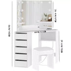 COZONY Toeletta ad angolo con specchio e luci, set da trucco con 3 opzioni di illuminazione, 5 cassetti, ripiani e sgabello imbottito, bianco