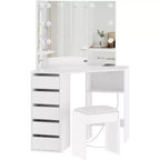 COZONY Toeletta ad angolo con specchio e luci, set da trucco con 3 opzioni di illuminazione, 5 cassetti, ripiani e sgabello imbottito, bianco