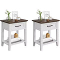 2 Pcs Side Table Living Room, Farmhouse Nightstand with Storage Drawer & Shelf, Wooden End Table Bedside Cabinet for Bedroom, Entryway, White