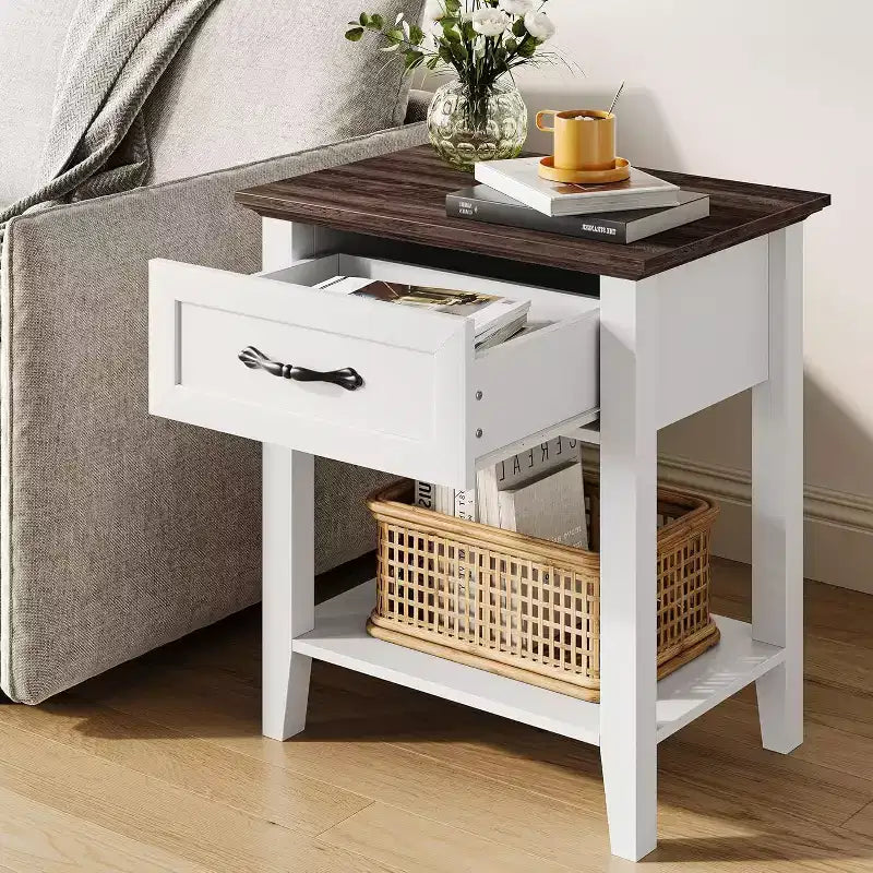 2 Pcs Side Table Living Room, Farmhouse Nightstand with Storage Drawer & Shelf, Wooden End Table Bedside Cabinet for Bedroom, Entryway, White