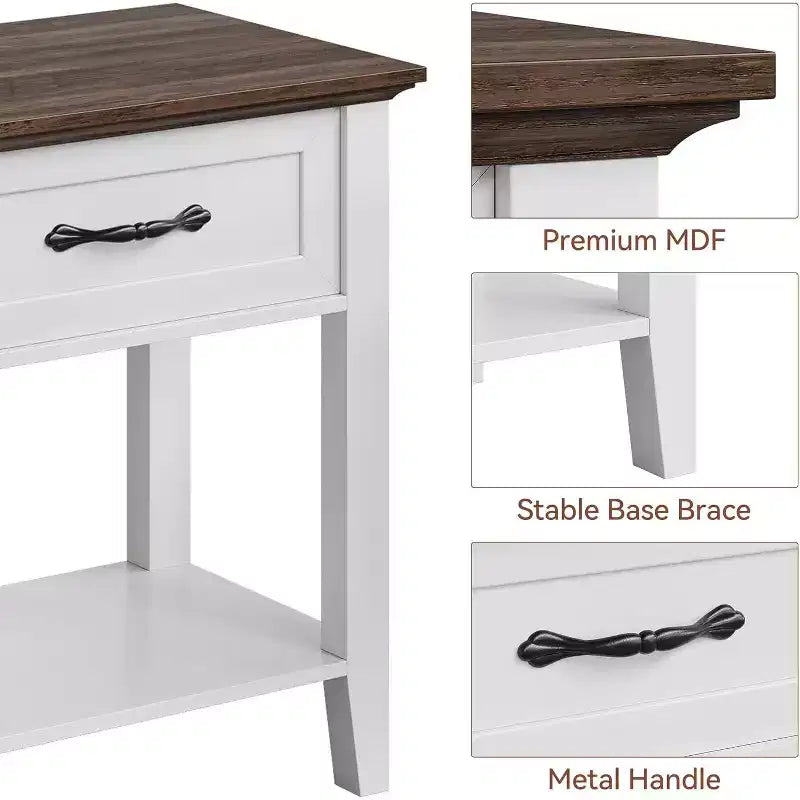 2 Pcs Side Table Living Room, Farmhouse Nightstand with Storage Drawer & Shelf, Wooden End Table Bedside Cabinet for Bedroom, Entryway, White
