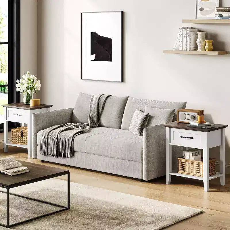 2 Pcs Side Table Living Room, Farmhouse Nightstand with Storage Drawer & Shelf, Wooden End Table Bedside Cabinet for Bedroom, Entryway, White