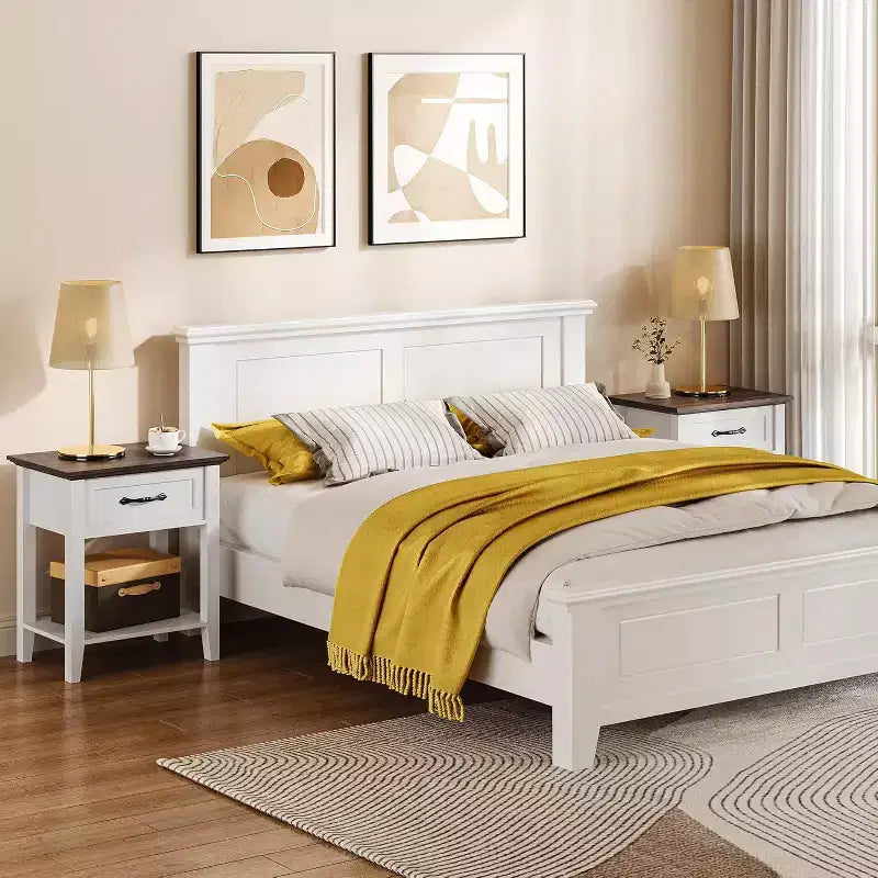 2 Pcs Side Table Living Room, Farmhouse Nightstand with Storage Drawer & Shelf, Wooden End Table Bedside Cabinet for Bedroom, Entryway, White