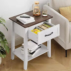 2 Pcs Side Table Living Room, Farmhouse Nightstand with Storage Drawer & Shelf, Wooden End Table Bedside Cabinet for Bedroom, Entryway, White