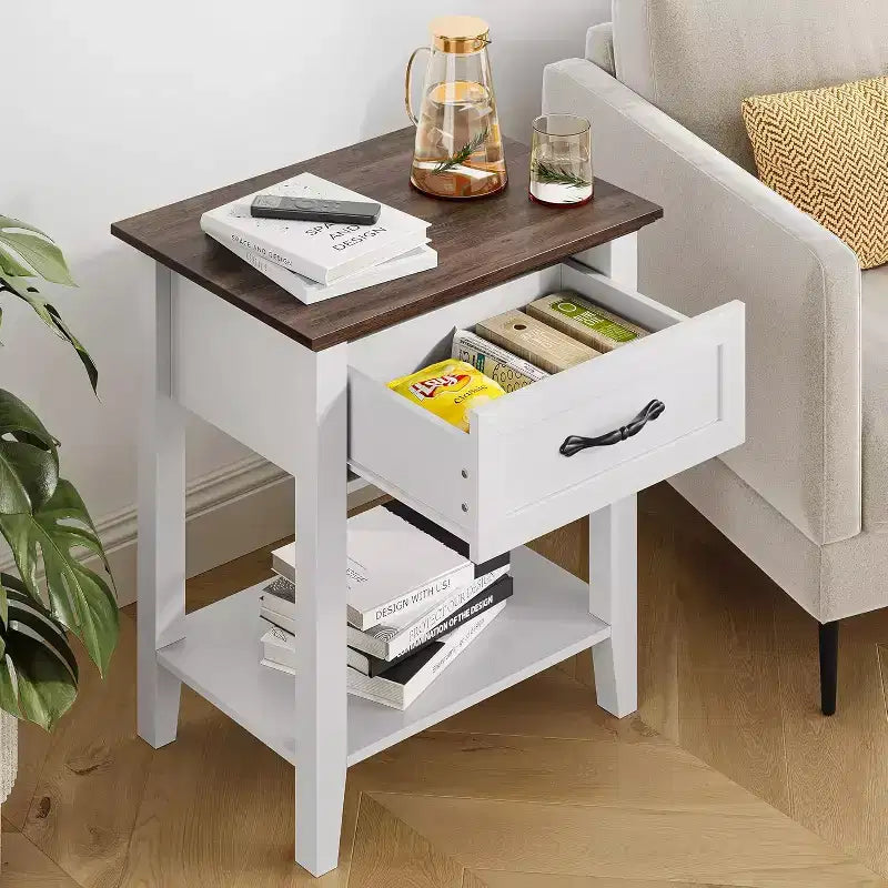 2 Pcs Side Table Living Room, Farmhouse Nightstand with Storage Drawer & Shelf, Wooden End Table Bedside Cabinet for Bedroom, Entryway, White