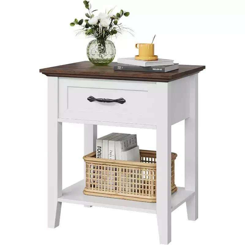 2 Pcs Side Table Living Room, Farmhouse Nightstand with Storage Drawer & Shelf, Wooden End Table Bedside Cabinet for Bedroom, Entryway, White