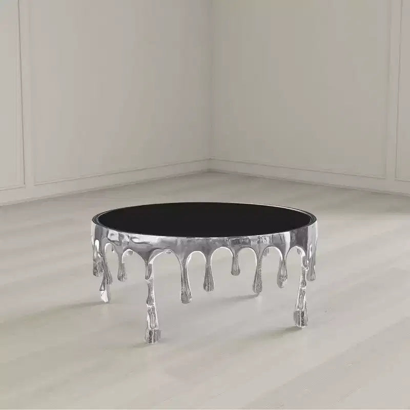 Tavolino da caffè Royal Hampton | Top in vetro rotondo da 36 pollici | Design a goccia che cola | Argento