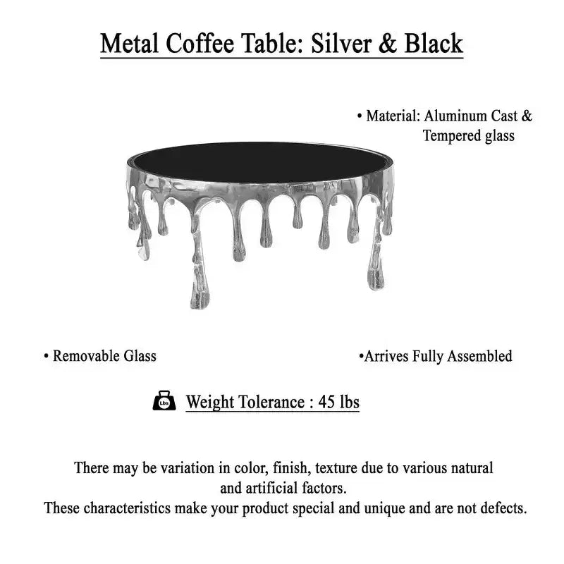 Tavolino da caffè Royal Hampton | Top in vetro rotondo da 36 pollici | Design a goccia che cola | Argento