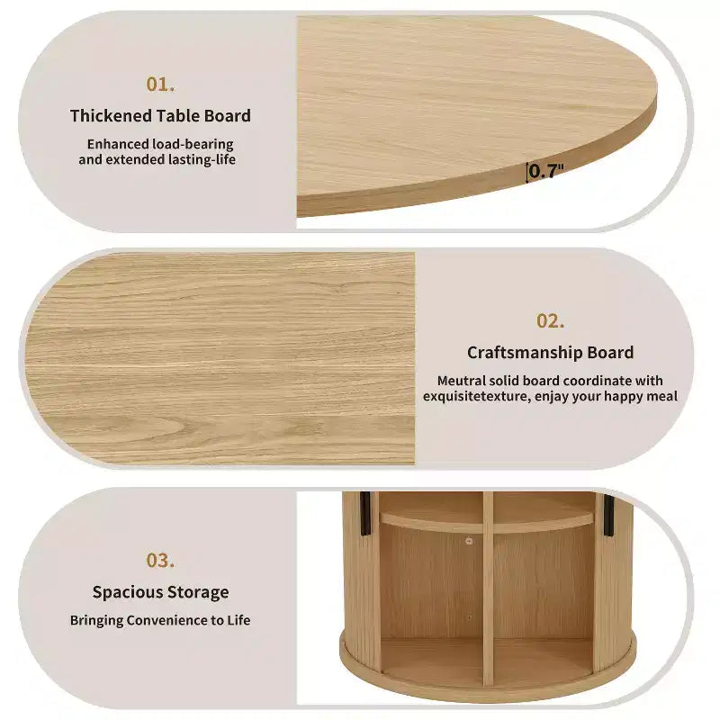 Tavolo da pranzo allungabile Dyonery 43-59 per 4-6 persone, piano in legno massello con anta scorrevole scanalata e 8 scomparti, salvaspazio