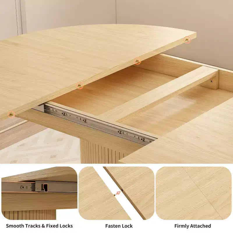 Tavolo da pranzo allungabile Dyonery 43-59 per 4-6 persone, piano in legno massello con anta scorrevole scanalata e 8 scomparti, salvaspazio