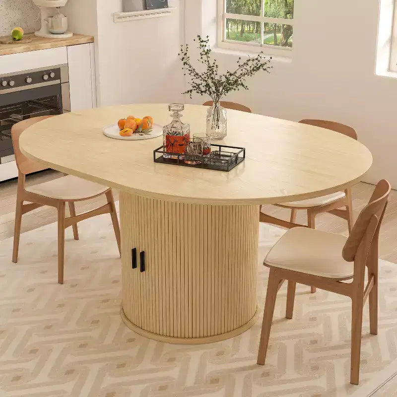 Tavolo da pranzo allungabile Dyonery 43-59 per 4-6 persone, piano in legno massello con anta scorrevole scanalata e 8 scomparti, salvaspazio