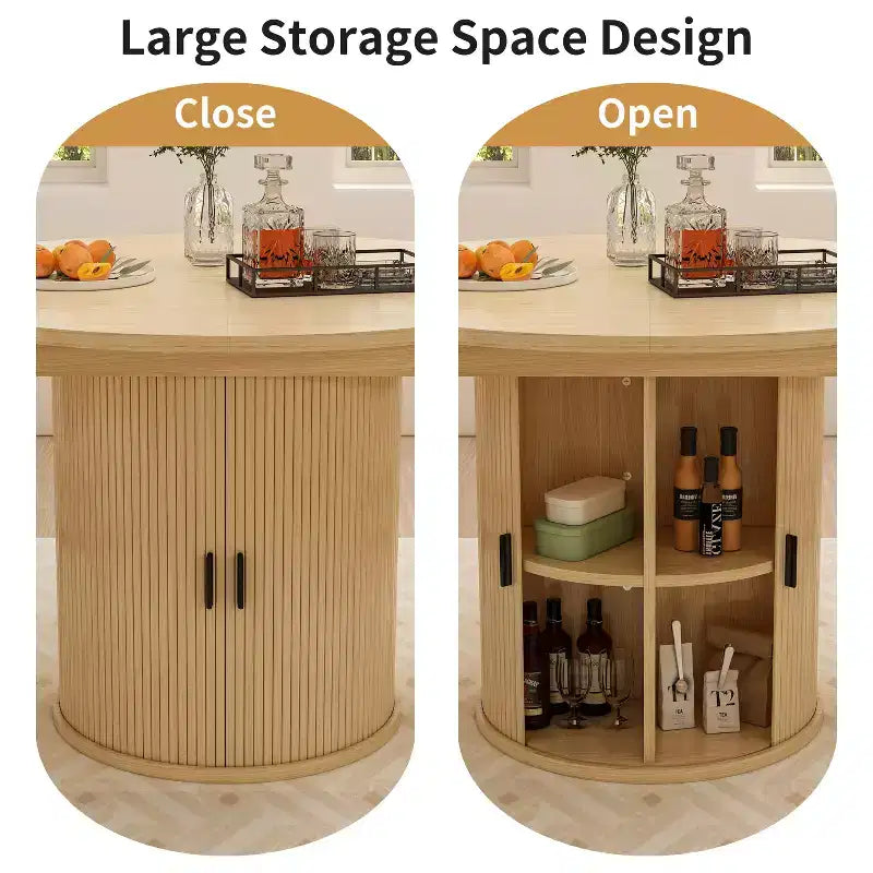Tavolo da pranzo allungabile Dyonery 43-59 per 4-6 persone, piano in legno massello con anta scorrevole scanalata e 8 scomparti, salvaspazio