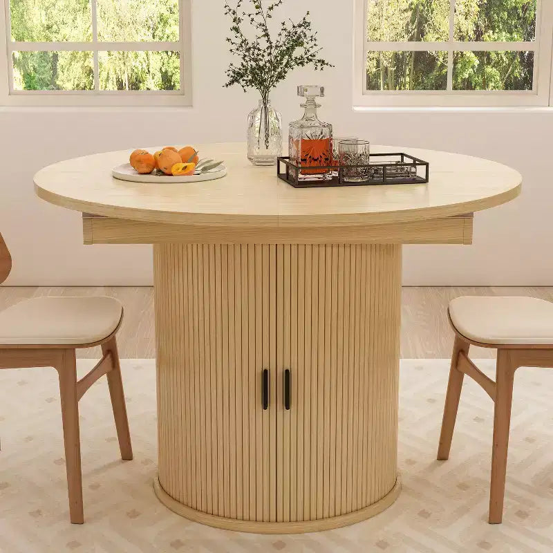 Tavolo da pranzo allungabile Dyonery 43-59 per 4-6 persone, piano in legno massello con anta scorrevole scanalata e 8 scomparti, salvaspazio