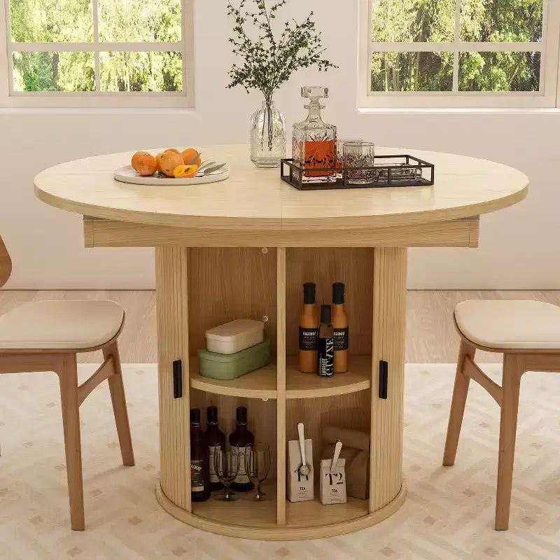 Tavolo da pranzo allungabile Dyonery 43-59 per 4-6 persone, piano in legno massello con anta scorrevole scanalata e 8 scomparti, salvaspazio