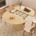 Tavolo da pranzo allungabile Dyonery 43-59 per 4-6 persone, piano in legno massello con anta scorrevole scanalata e 8 scomparti, salvaspazio